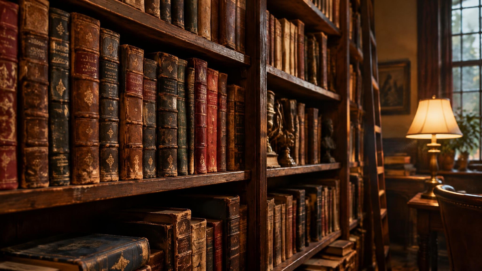 Old wooden library shelves filled with worn hardcover books