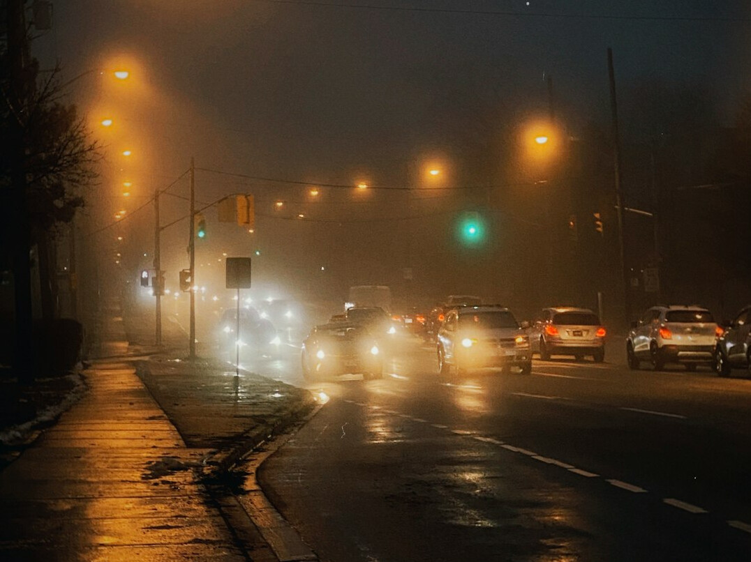 foggy city street at dusk