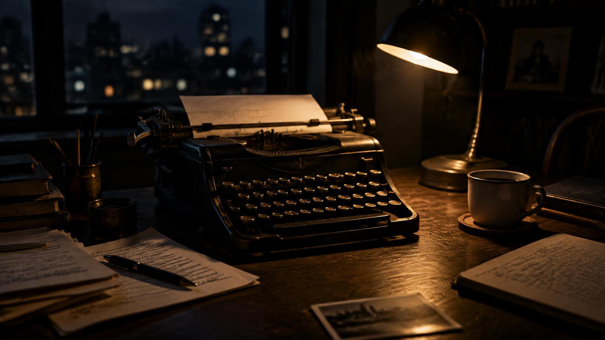 Dimly lit writer's desk with a typewriter, notebook and coffee cup at night
